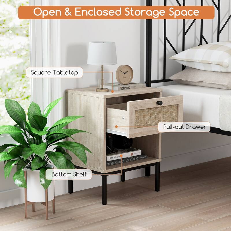 Rattan Nightstand Boho End Table with Rattan Drawer & Open Shelf