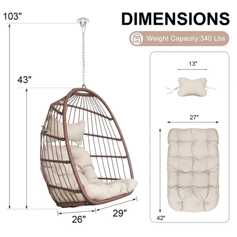 Outdoor Indoor Wicker Foldable Hanging Egg Chair Without Stand, Patio Swing Chair with Cushion, 340 lb Capacity