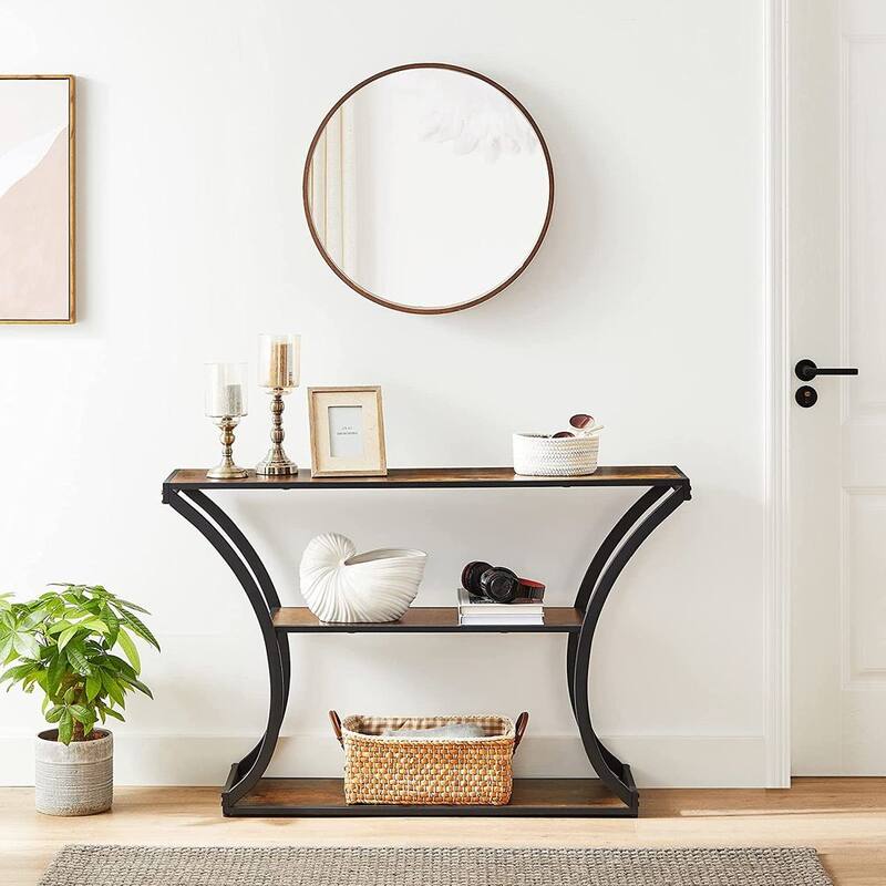 Black Metal Console Table with Curved Frames and 2 Open Wood Shelves for Modern Entryway or Living Room