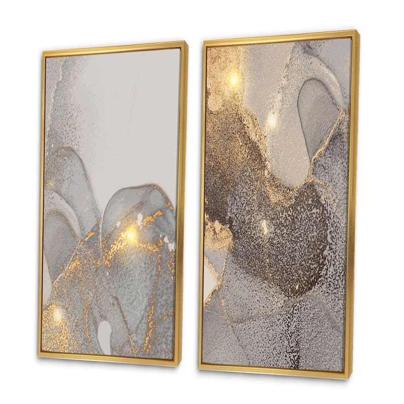 Designart "Grey & Gold Marble Liquid Art I" Abstract Framed Art Set of 2 Pieces