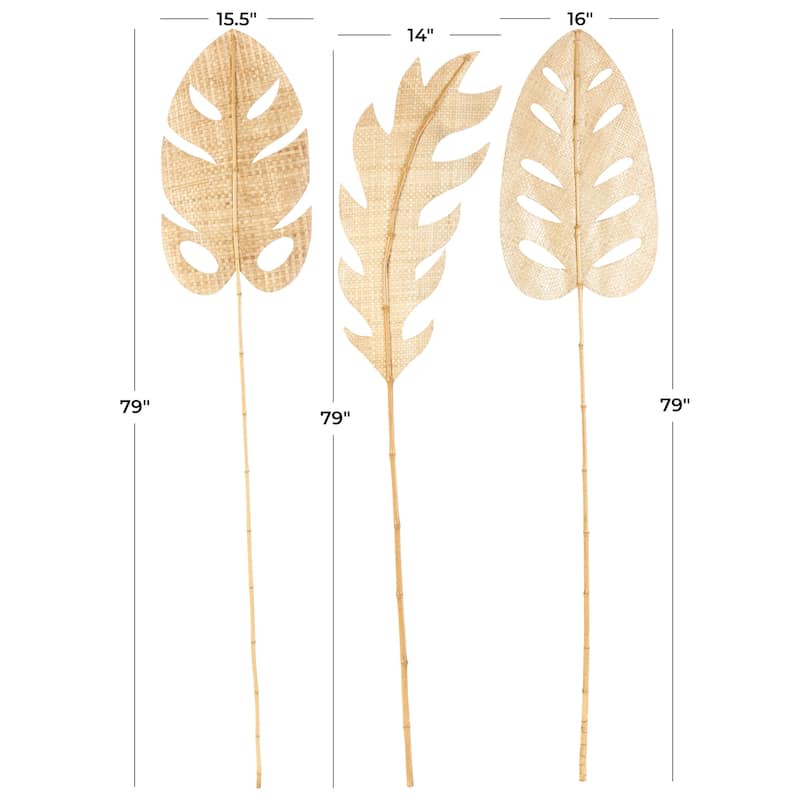 Light Brown Bamboo Wood Handmade Tall Woven Palm Leaf Leaf Home Decor Natural Foliage with Varying Shapes (Set of 3)