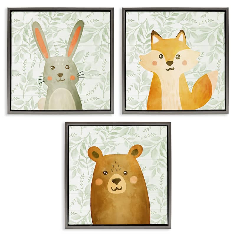 Stupell Joyful Woodland Animals Framed Floater Canvas Wall Art Design By Kim Allen (Set of 3) - 18 x 18 - Grey