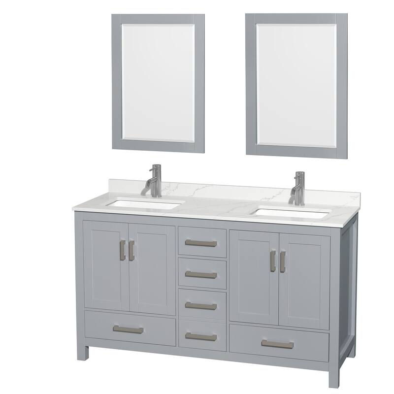 Sheffield 60-inch Double Vanity,Single Hole Quartz Top,24-inch Mirrors - Gray, Chrome Trim, Giotto Quartz Top