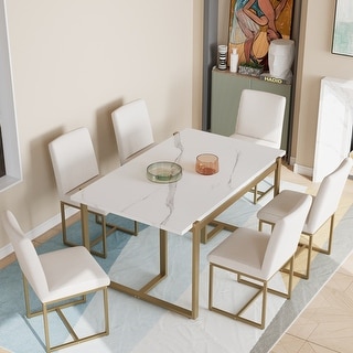 7-Piece Modern Dining Table Set, Faux Marble Dining Room Table Set with ...