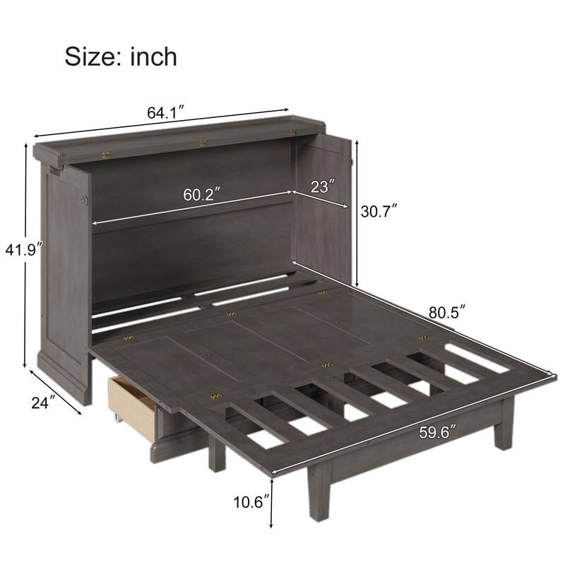 Solid Pine Murphy Bed Chest Cube Cabinet Bed with Charging Station and Large Storage Drawer, Full/Queen Size Murphy Bed Cabinet