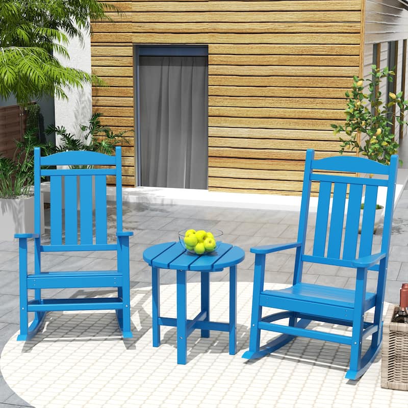 Laguna Hdpe All Weather Outdoor Patio Rocking Chairs With Side Table (3-Piece Set) - Pacific Blue