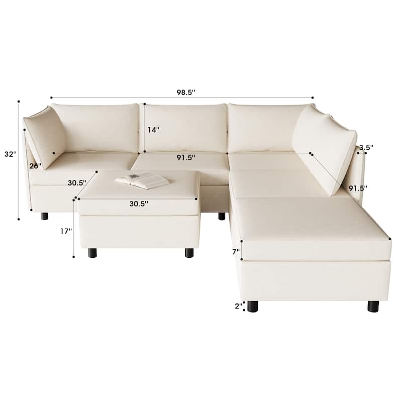 Beige 68" L-Shaped 6-Seater Modular Sofa with Storage