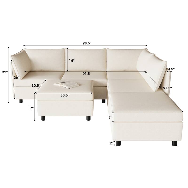 Beige 68'' L-Shaped 6 Seater Modular Sectional Sofa with Storage, Convertible Ottoman, High-Density Foam and Pocket Springs