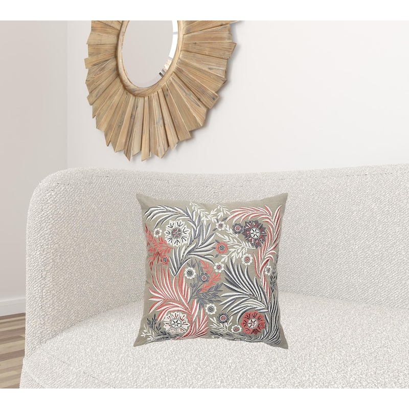 HomeRoots 20" X 20" Gray Adn Pink 100% Cotton Floral Zippered Pillow