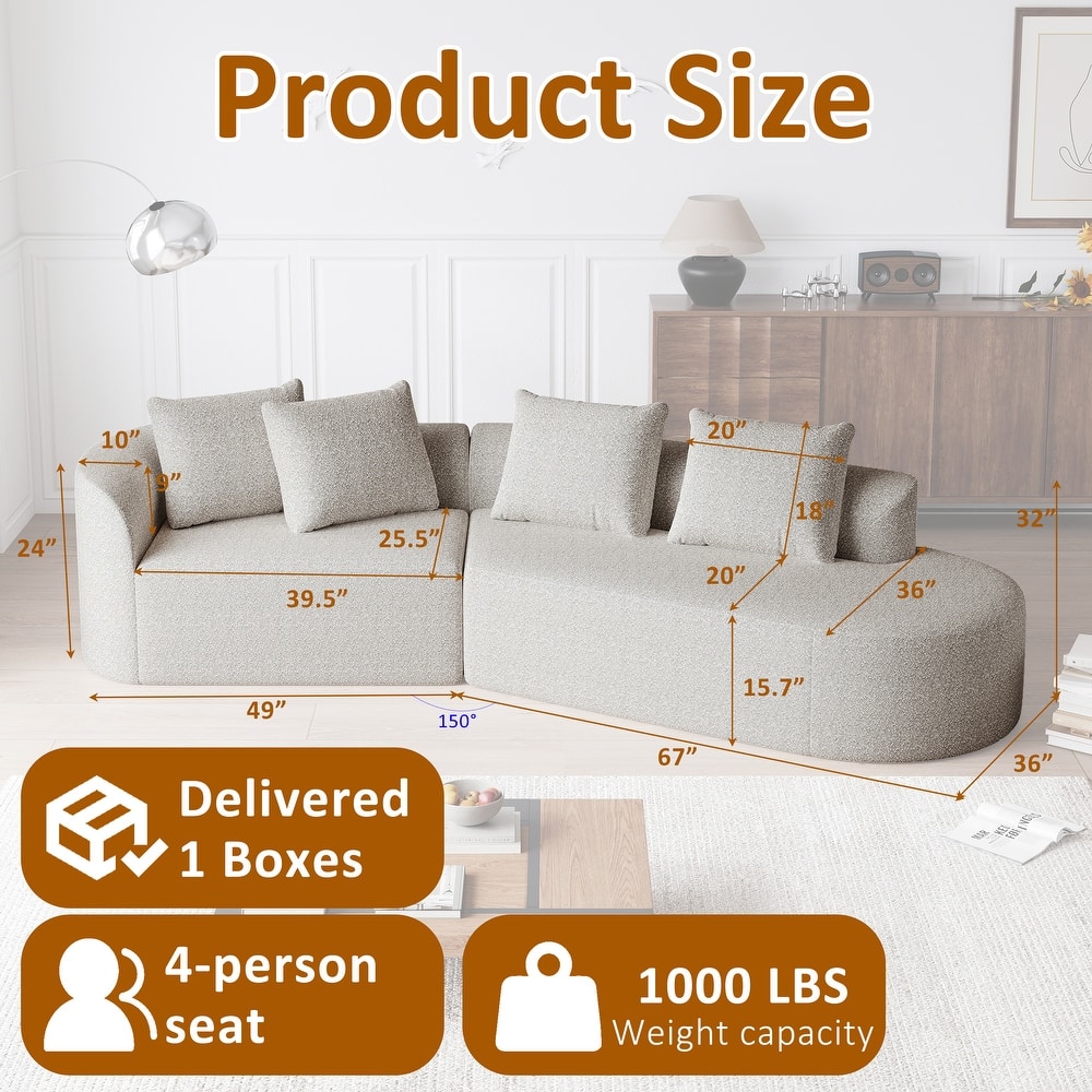 Modular Curved Sectional Sofa, Oversized Chenille Cloud Couch, Compressed Upholstered Sofa with 4 Throw Pillows