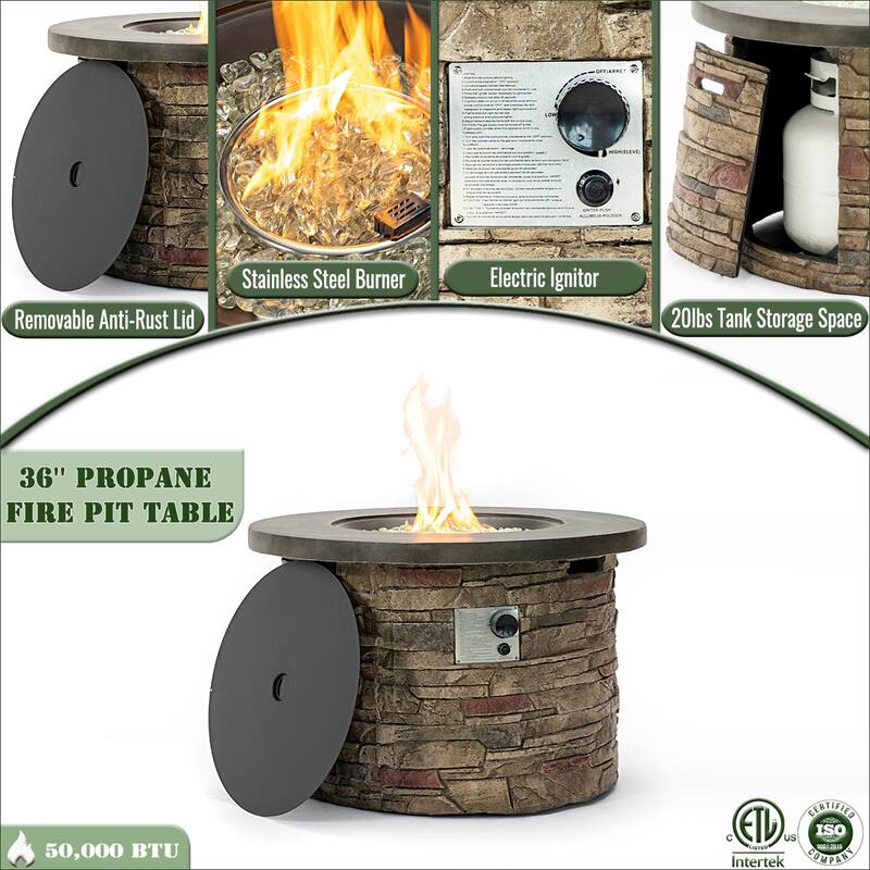 GDFStudio - Modern Outdoor 36'' Propane Gas Fire Pit Table with Hidden Tank Storage & Removable Steel Lid, Cover Included