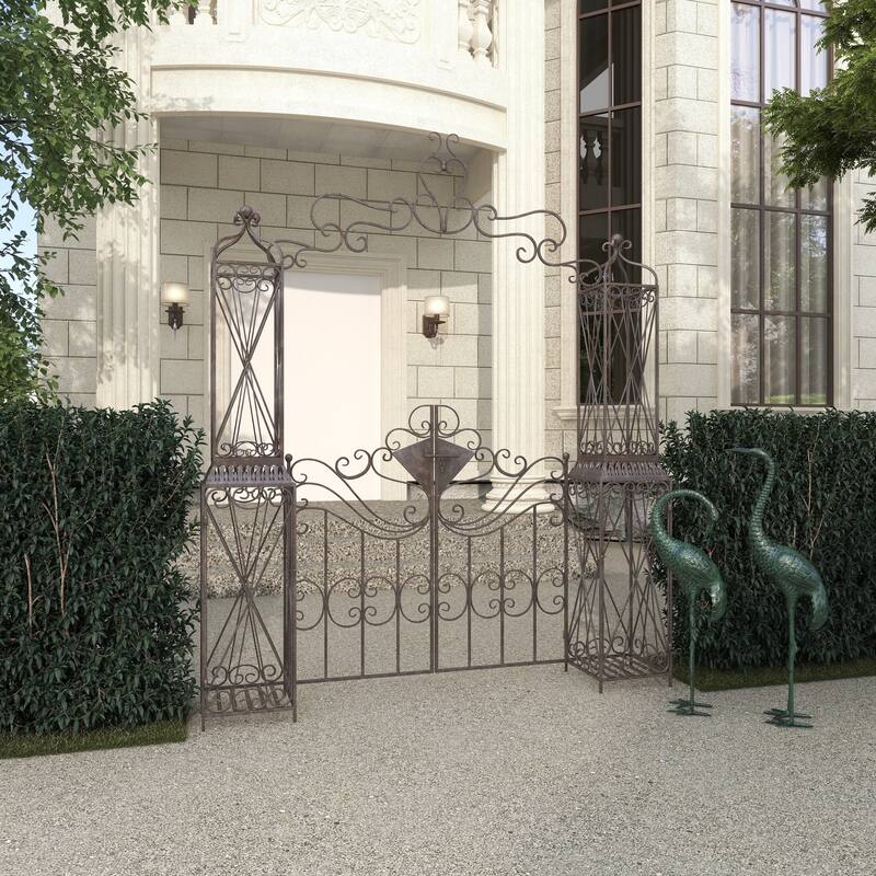 Metal Indoor Outdoor Scrollwork Arched Gate Garden Arbor with Pillars and Latch Lock Closure - Black - Roche River Decor