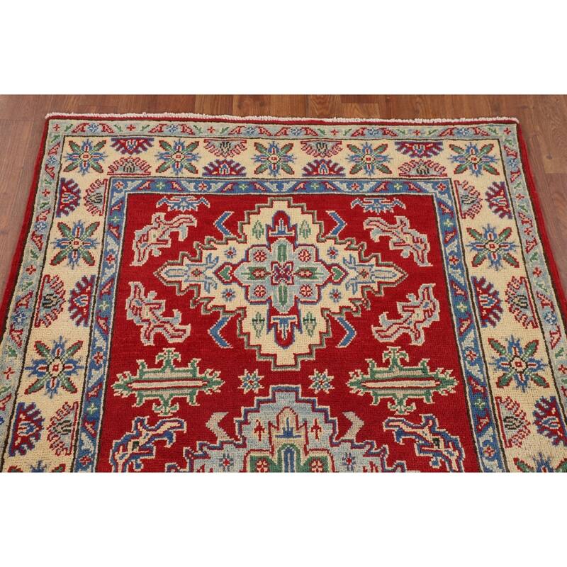 Red Geometric Kazak Foyer Rug Hand-Knotted Oriental Wool Carpet - 3'5" x 5'2"