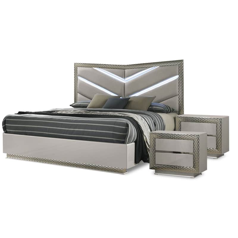 Furniture of America Urene Glam 3-Piece Grey Queen Platform Bedroom Set with LED Light