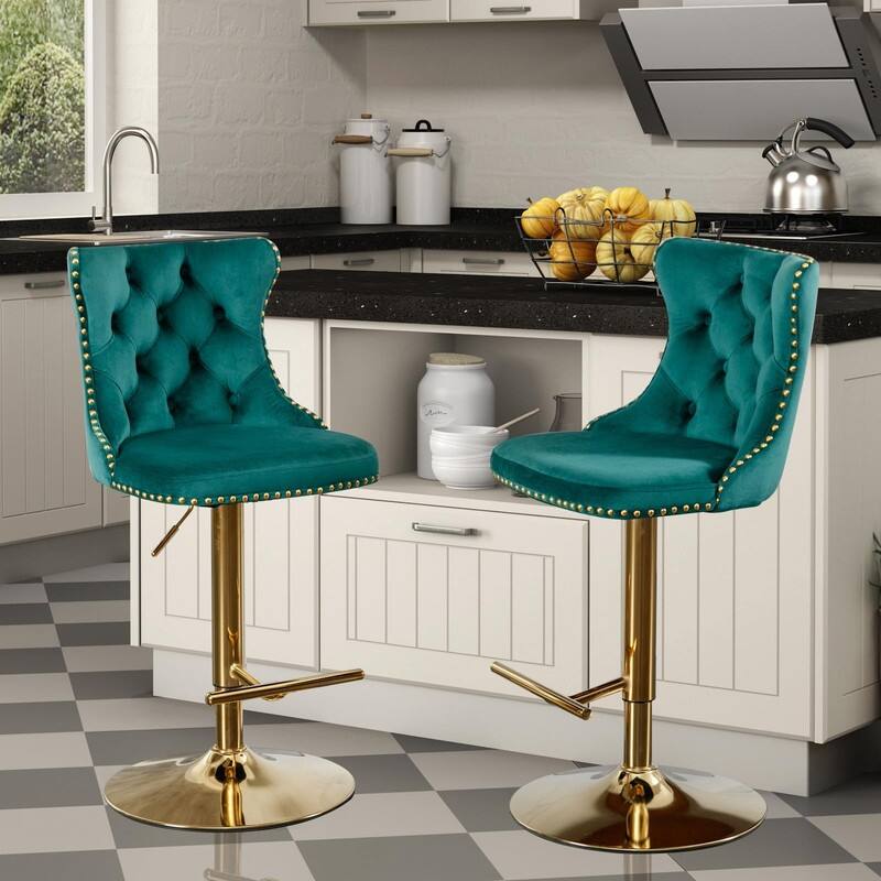Velvet Upholstered Nailheads Tufted Swivel Bar Stools (Set of 2)