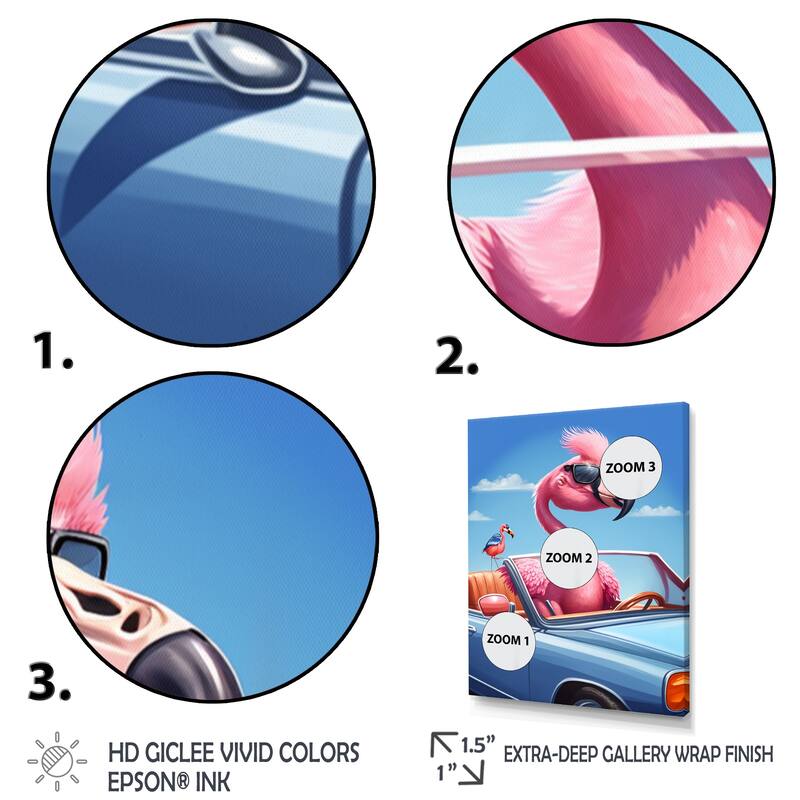 Designart "Pink Flamingo Wearing Sunglasses In Sportscar" Animals Flamingo Framed Canvas Art Print