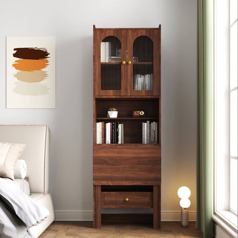 Roomfitters Fold-Out Convertible Writing Desk Cabinet with Shelf and Drawer, Space-Saving Home Office Workstation - Walnut