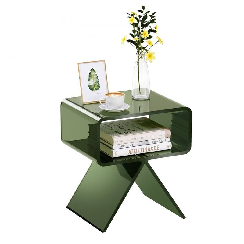 Transparent Green Acrylic Side Table with 2-Tier Storage and Sturdy Design - 11.8 x 15.4 x 17 in