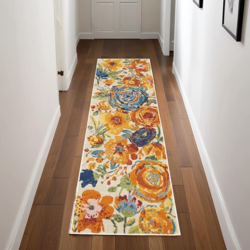 Power Loomed Floral Traditional Low Pile Durable Area Rug - 90' X '27' X '0.25 - 90' X '27' X '0.25 - Cream - Runner