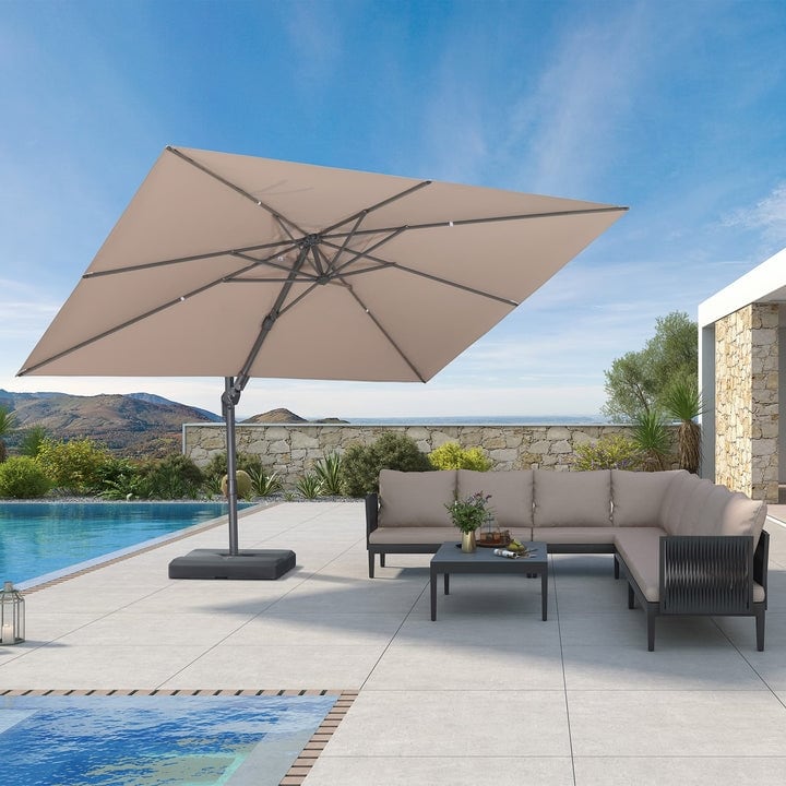 hampton bay 11 ft offset led patio umbrella in tan Rotihom 11FT Solar Powered Light Cantilever with Base Included, Large Cantilever Umbrella with 360°Rotation, Heavy-Duty Outdoor Umbrella for Patio,Pool,Backyard (Champagne) : Patio, Lawn & Garden Classic Accessories Veranda Offset YGroup_f4f5a20b4 Put it at the Thread & Fabric:Color-Matched & With Fabric