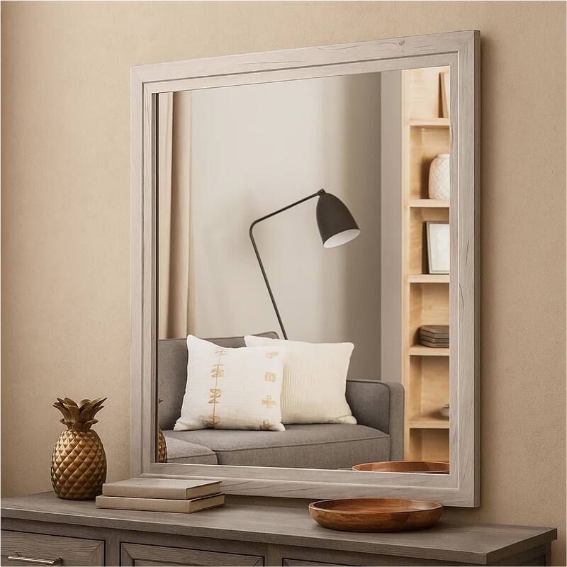 Miot Dresser Mirror, 39 Inch Square Wood Frame, White Wash - White Wash