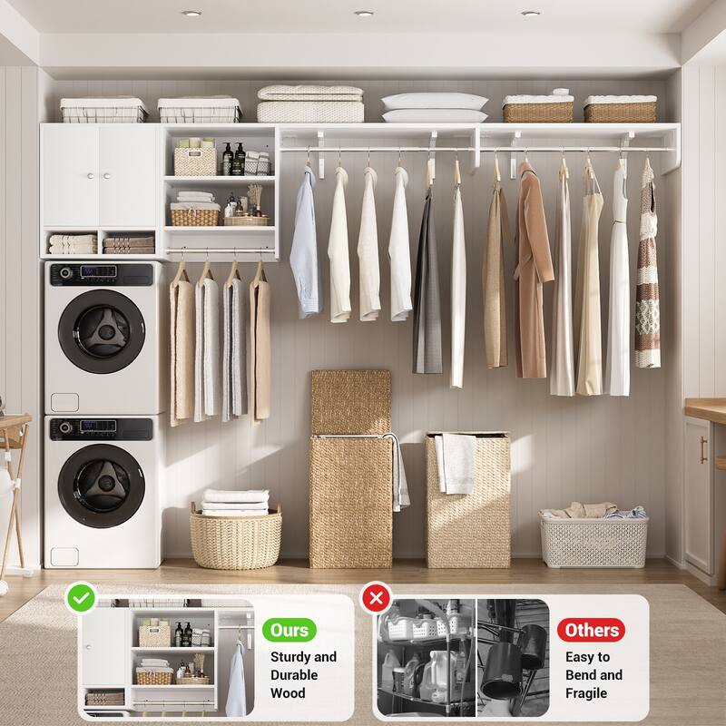 88.4'' - 117.8'' Closet System (Can Be Cut To Fit), Reversible Laundry Wall Cabinet with 3 Hanging Rods & Adjustable Shelves