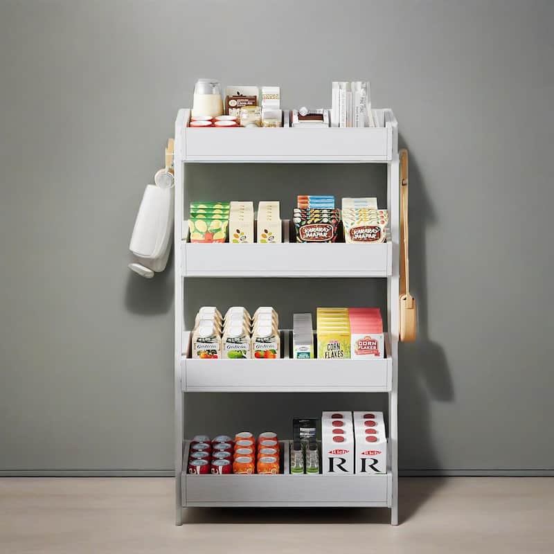 4 Tier Retail Display Rack Stand with Particleboard Shelves Metal Frame and Hooks for Store Kitchen or Office Organization