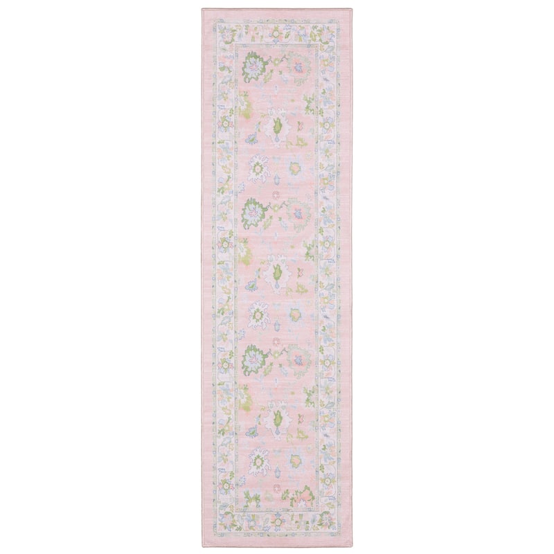 Addison Traditional Bordered Floral Pink/ Green Printed Washable Flat Pile Area Rug