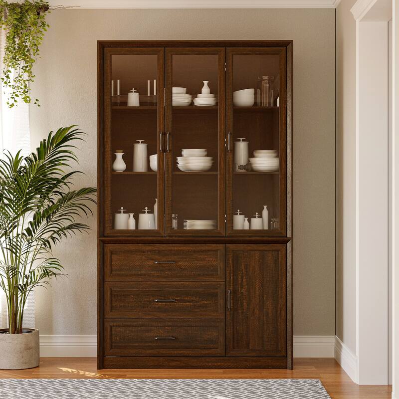 79.6"H Display Bookcase Pantry Cabinet Sideboard with Tempered Glass Doors White/Brown