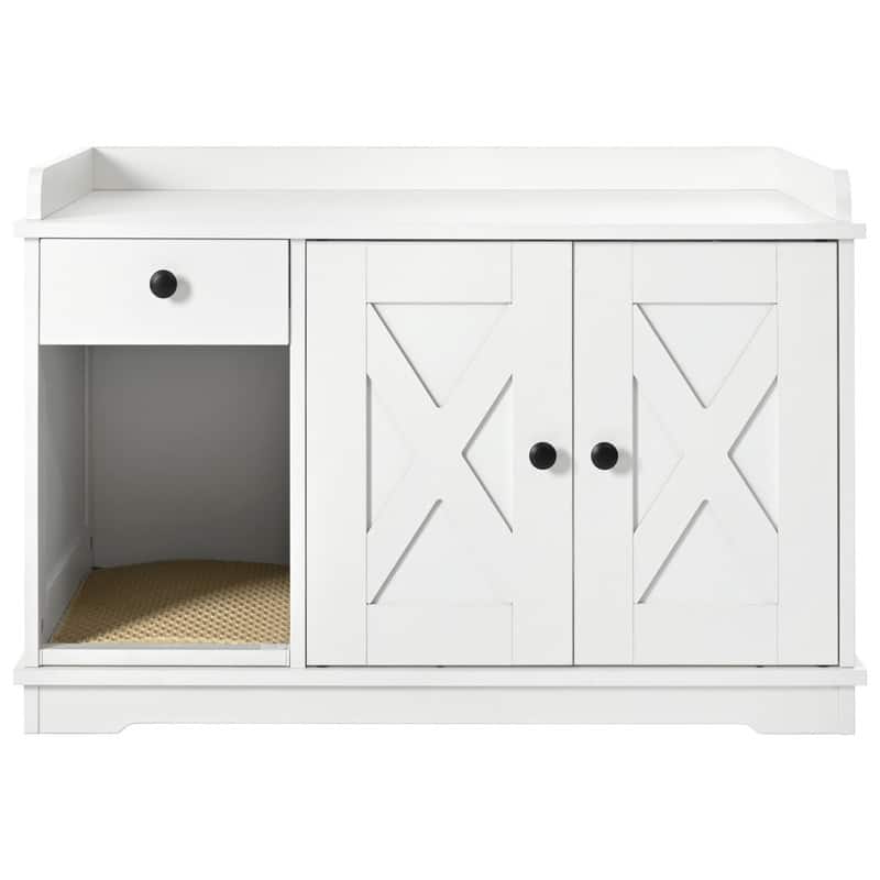 Cat Litter Box Enclosure with Hidden Storage Drawer and Integrated Litter Mat for Indoor Use