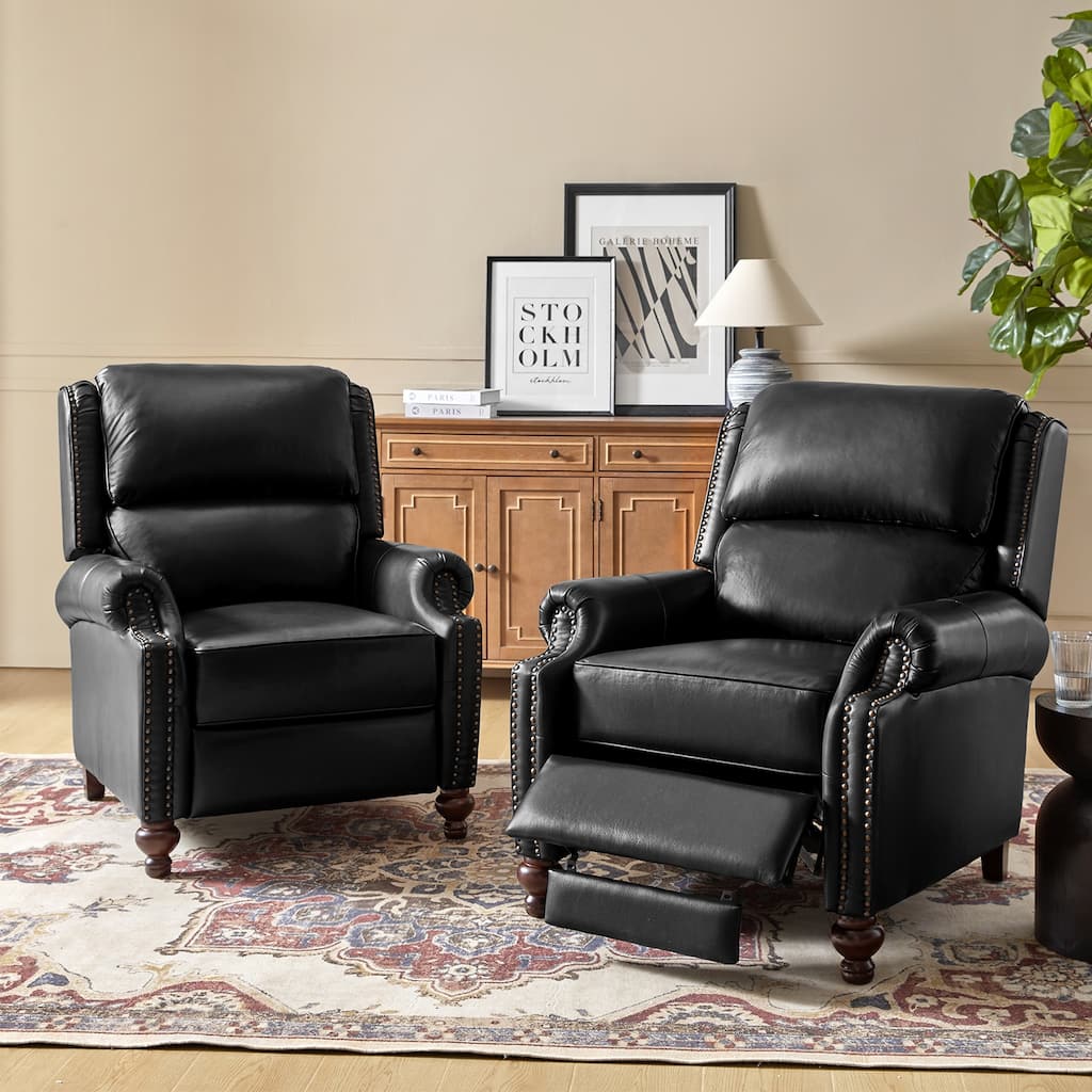 Gabriela Mid-Century Modern Genuine Leather Recliner with Tapered Block Solid Wood Feet Set of 2 by HULALA HOME