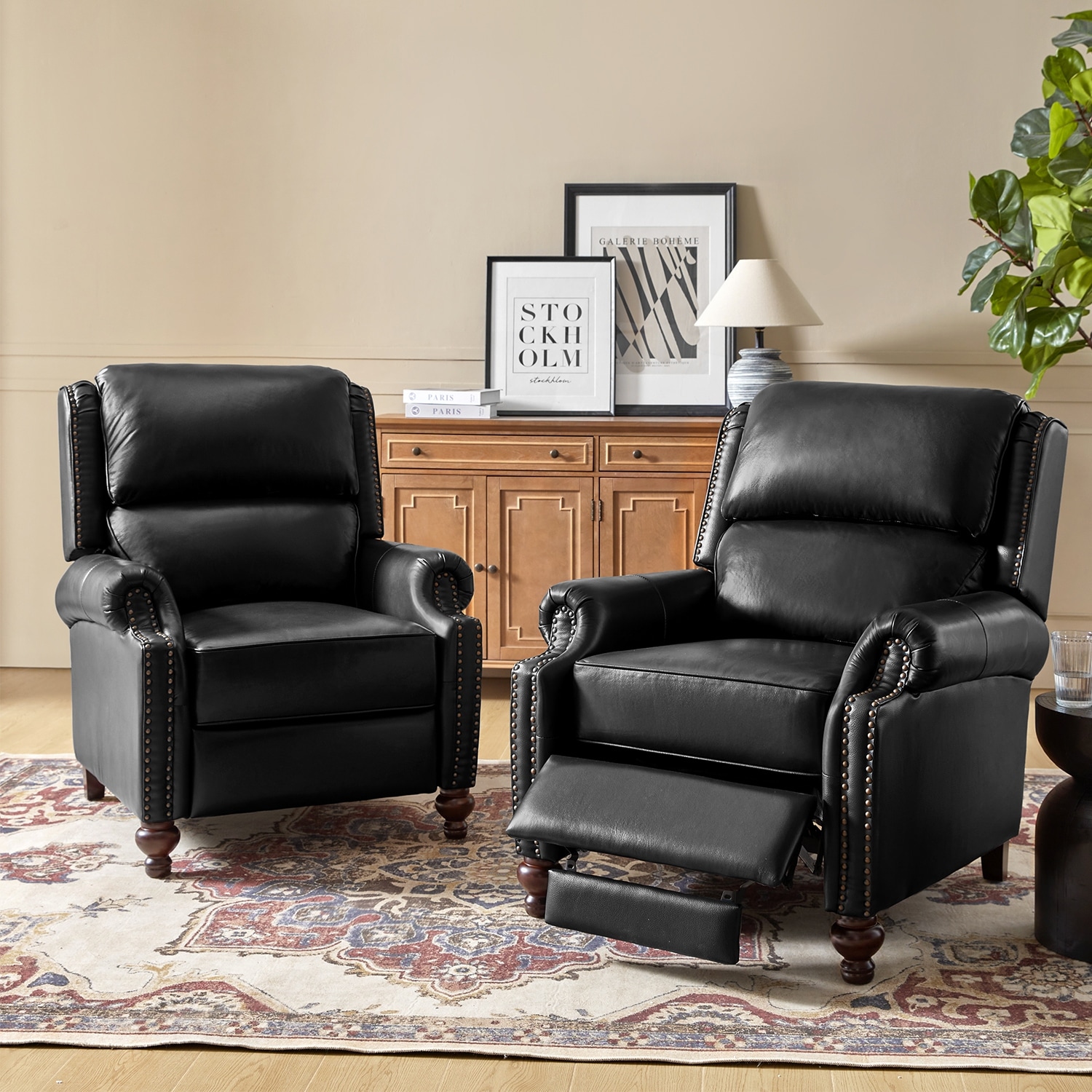 HULALA HOME Gabriela Mid-Century Modern Genuine Leather Recliner with Tapered Block Solid Wood Feet Set of 2