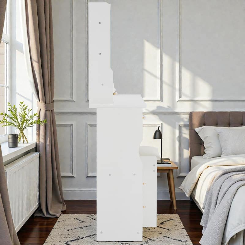 Small Space Vanity Table with Sliding Mirror and Stool, 29.2 Inch Makeup Dresser with Drawer Storage