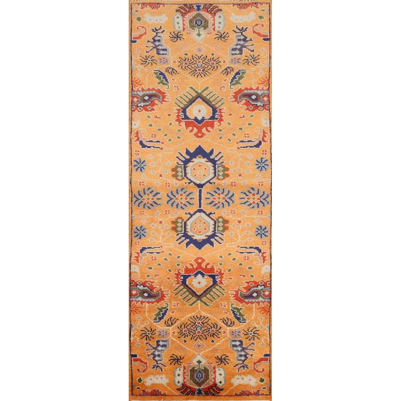 Hand Knotted Oriental 100% Wool Carpet Transitional All-Over Oranges & Rust Oushak Runner Rug - 7' 11'' X 2' 6''