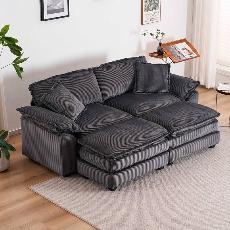 Modern 2-Seater Corduroy Sofa with 4 Support Pillows and 2 Ottomans