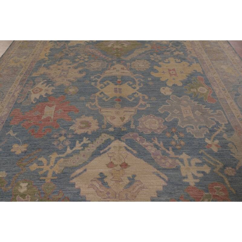 Blue Oushak Vegetable Dye Area Rug Hand-Knotted Wool Carpet - 9'0" x 12'2"