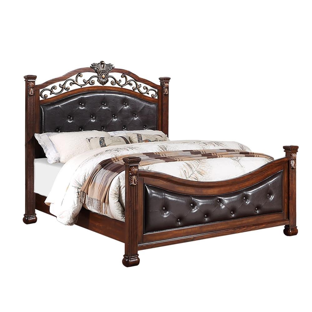 Bed with Crafted Upholstered Headboard in Dark Cherry