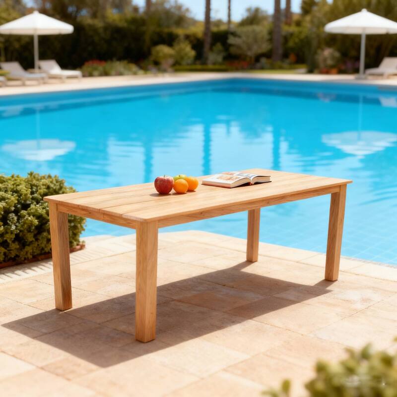 Wood Look Dining Table with Umbrella Hole Stainless Steel Legs Outdoor Picnic