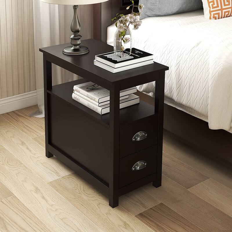 Side Table Living Room Narrow Rustic End Table Bedroom with 2 Drawers and 1 Open Shelf for Small Space - Black