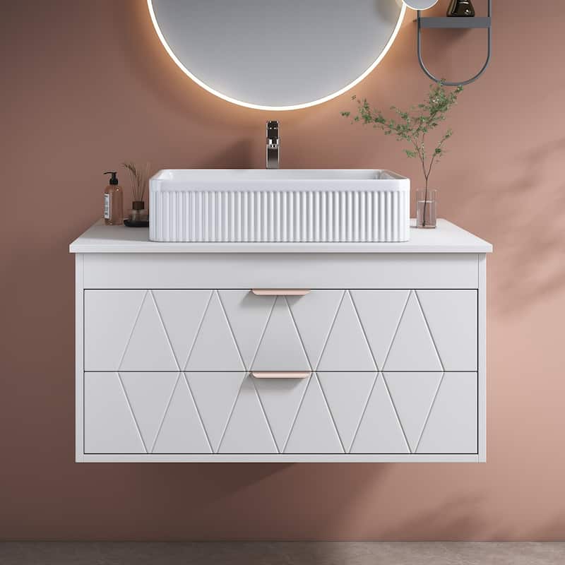 Wall-mounted Bathroom Vanity with Vertical Textured Ceramic Sink, Drawers with Diamond-patterned Design and Rose Gold Handles - White