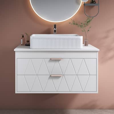 Wall-mounted Bathroom Vanity with Vertical Textured Ceramic Sink, Drawers with Diamond-patterned Design and Rose Gold Handles