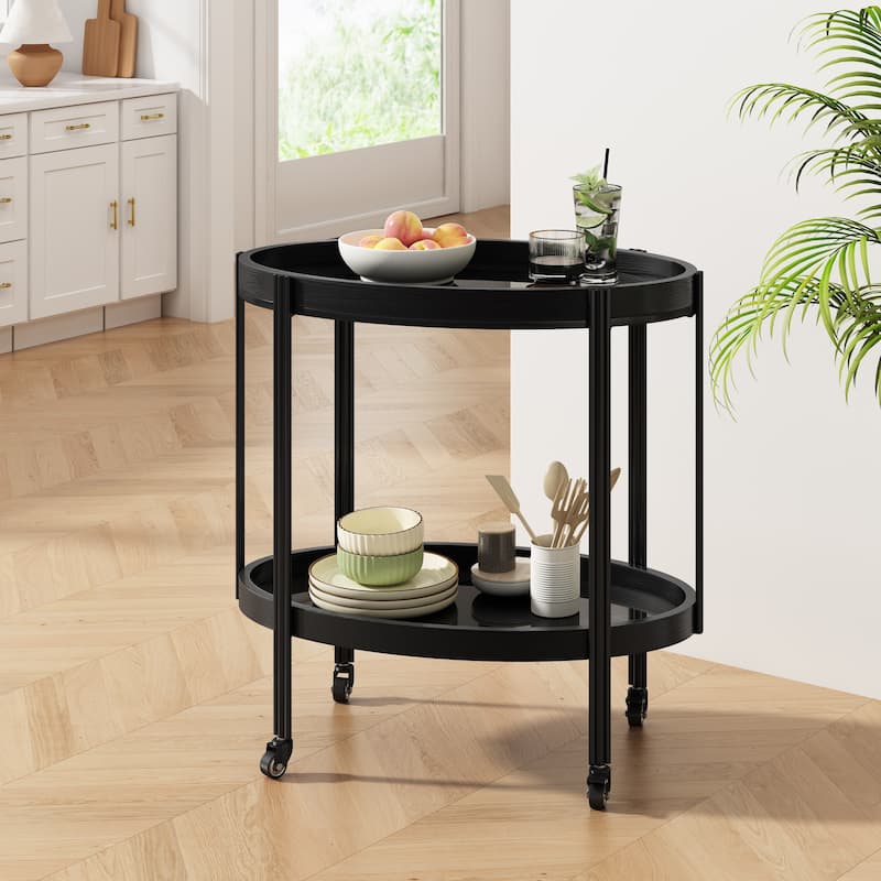 Christopher Knight Home - Leontius Wooden Iron Bar Cart with Tempered Glass Shelves and Smooth Mobility - Black