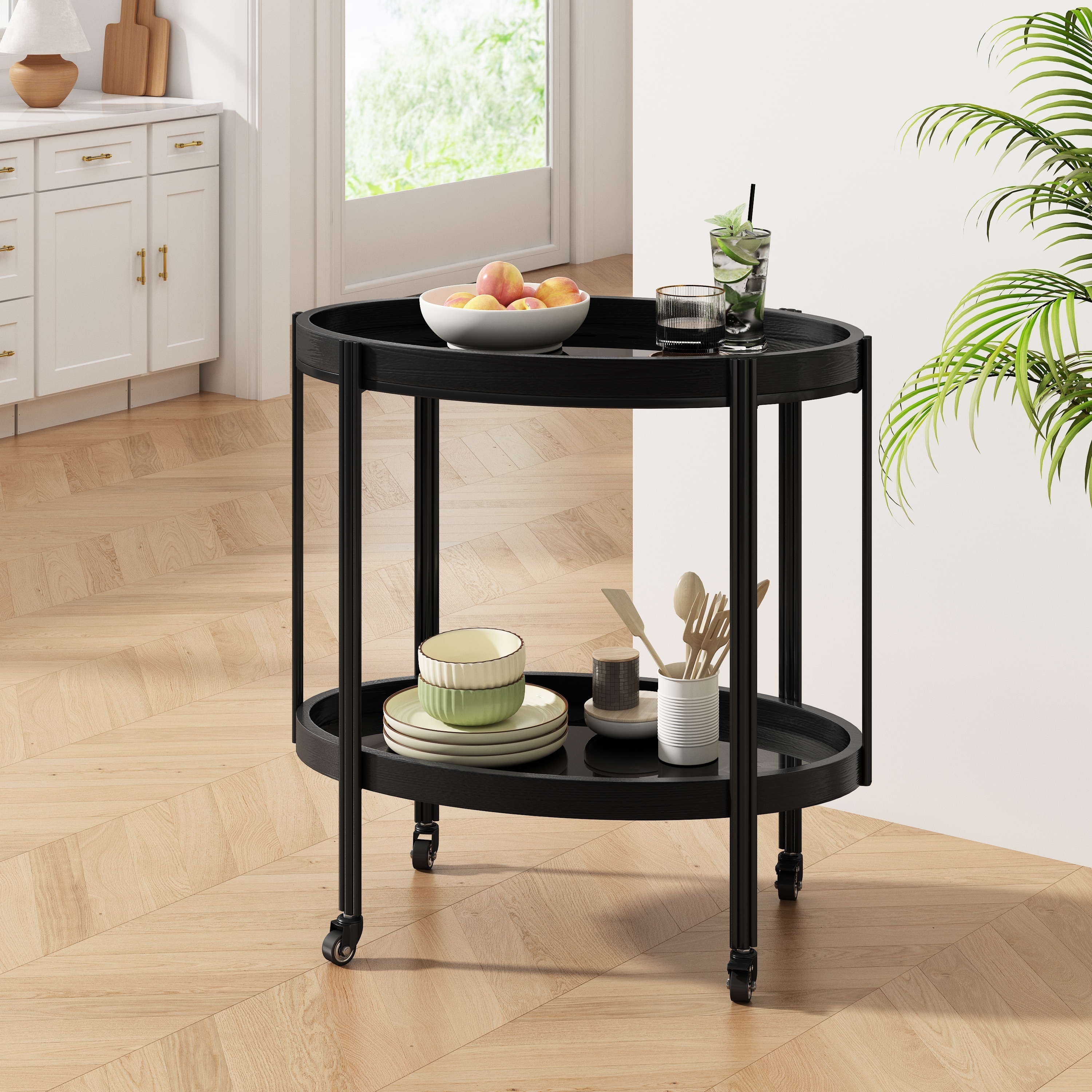 Christopher Knight Home - Leontius Wooden Iron Bar Cart with Tempered Glass Shelves and Smooth Mobility