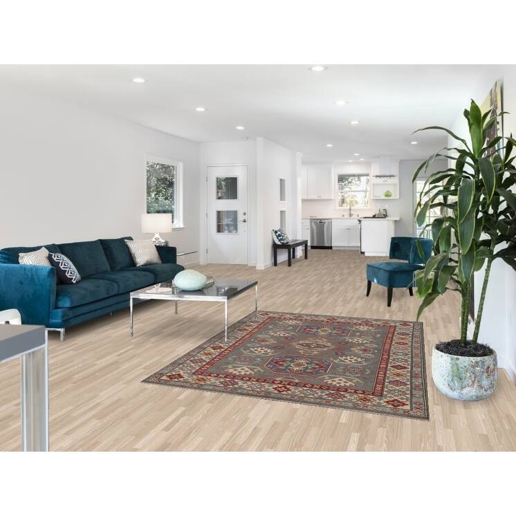 Gray Geometric Kazak Area Rug Hand-Knotted Oriental Wool Carpet - 4'11" x 6'6"