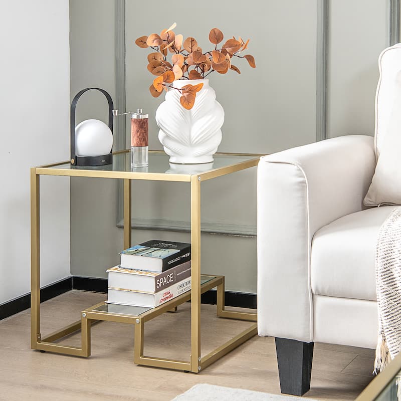 Costway 22'' 2-Tier Sofa Side Table Square Metal Frame for Living Room - Bronze - See Details