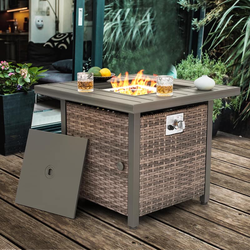 Outdoor 30’’ Square Rattan Fire Pit Table with Metal Lid, Brown