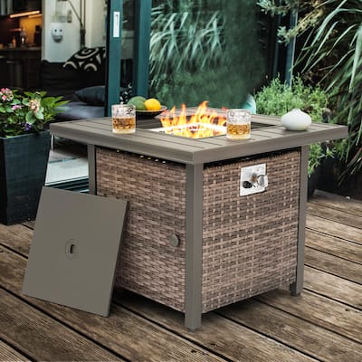 Outdoor 30’’ Square Rattan Fire Pit Table with Metal Lid, Brown