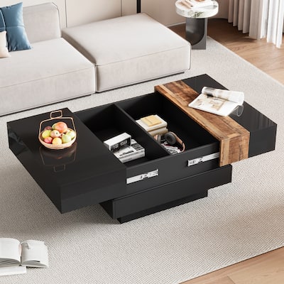 Roomfitters Modern Square Coffee Table with Sliding Top, High Gloss Center Table with Hidden Storage for Living Room, Black