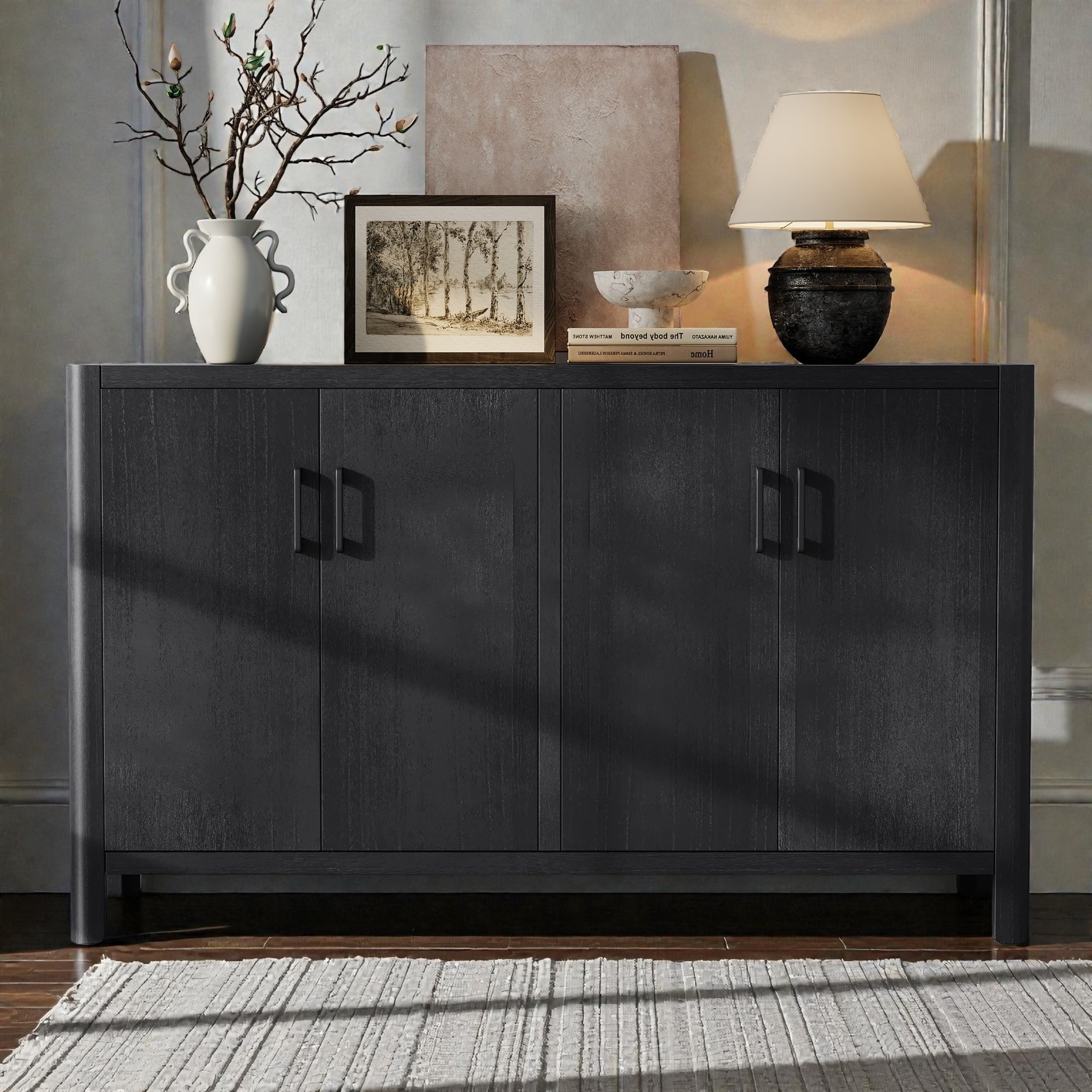 Farmhouse 4-Door Storage Cabinet with Natural Wood Veneer and Solid Pine Legs, Rustic Entryway Accent Cabinet for Small Spaces