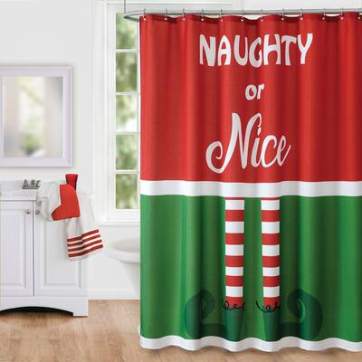 Elf Naughty or Nice Christmas Holiday Fabric Shower Curtain
